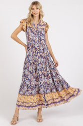 Mittoshop Floral Ruffled Notched Cap Sleeve Maxi Dress Peacock Blue OutfitFlow
